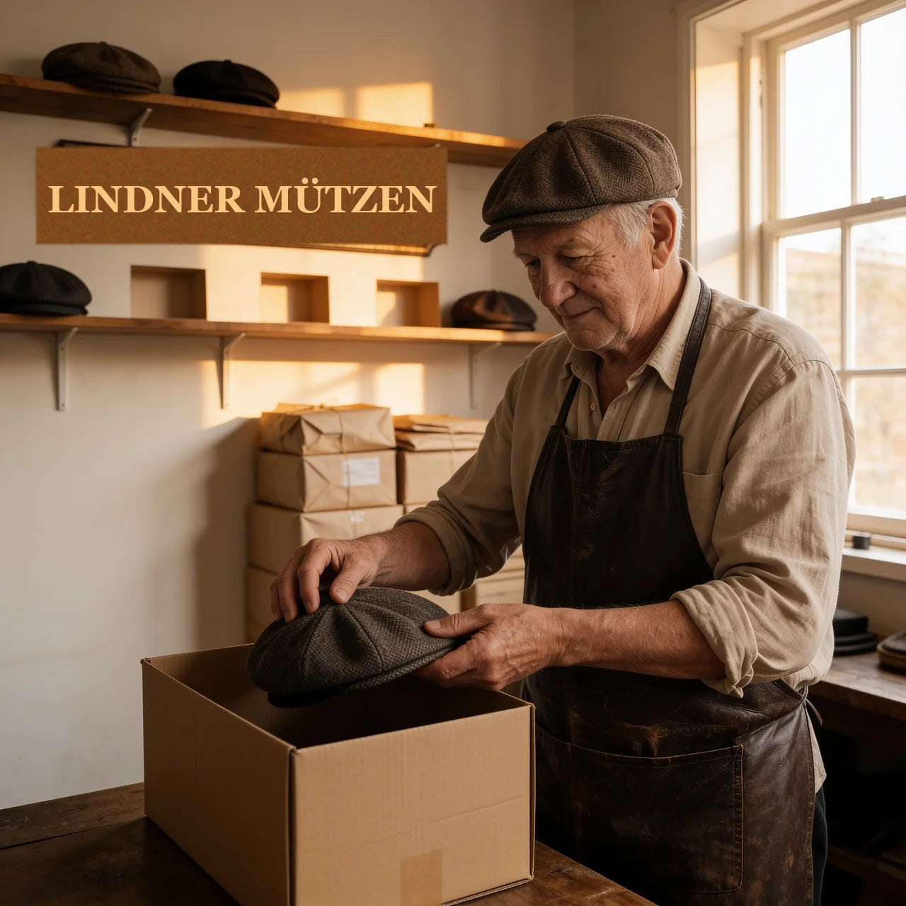 Eine Mütze wird in der Werkstatt verpackt