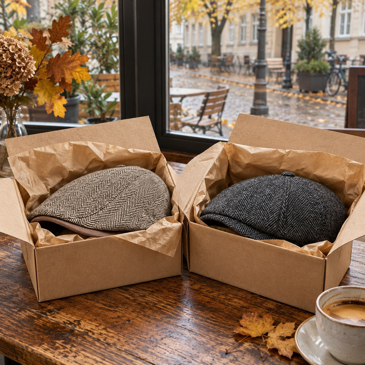 Foto — zwei Mützen eingepackt, versandfertig · 1200 × 1200
