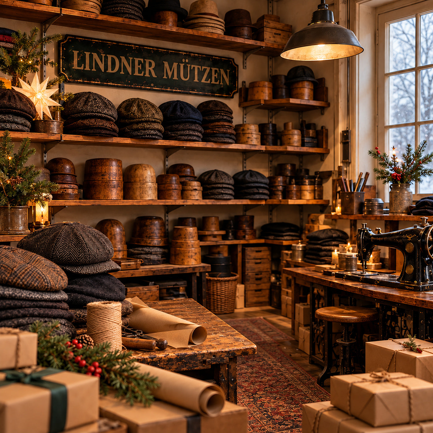 Foto — die Werkstatt im Dezember, Holzformen auf den Regalen, Licht noch an · 1400 × 1400