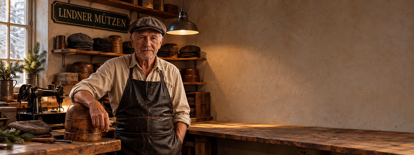 Banner — Otto Lindner in der fast leeren Werkstatt, Platz rechts, Dezemberlicht · 1600 × 600