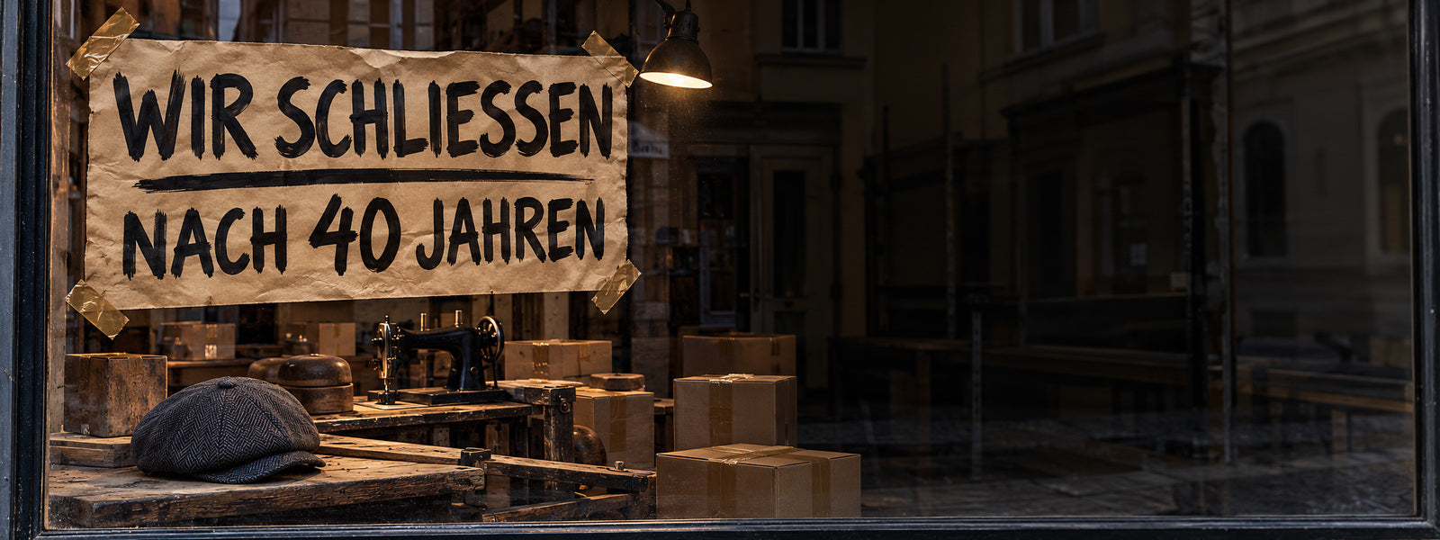 Banner — handgeschriebenes Schild im Schaufenster: WIR SCHLIESSEN NACH 40 JAHREN, Platz rechts · 1600 × 600