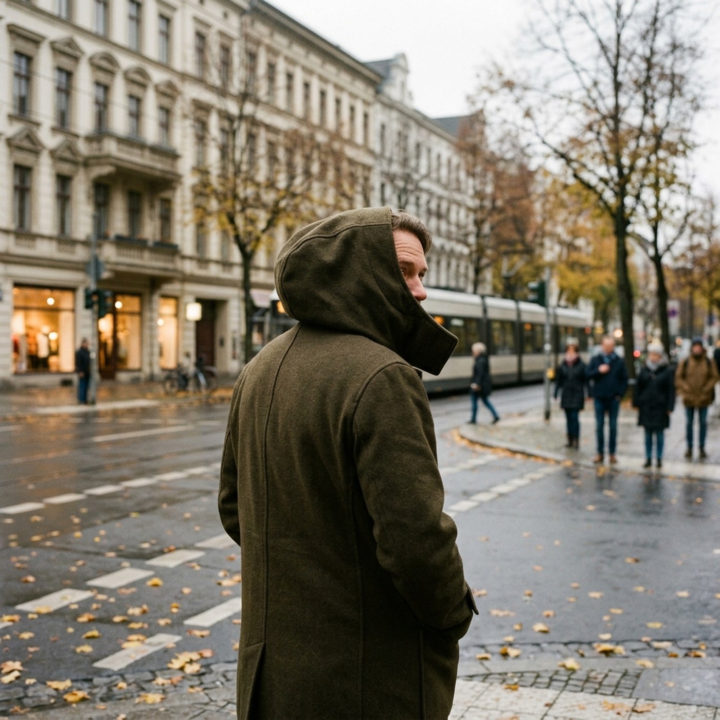 Foto — Mann mit hochgezogener Kapuze an einer Straßenkreuzung, dreht sich um · 1400 × 1400