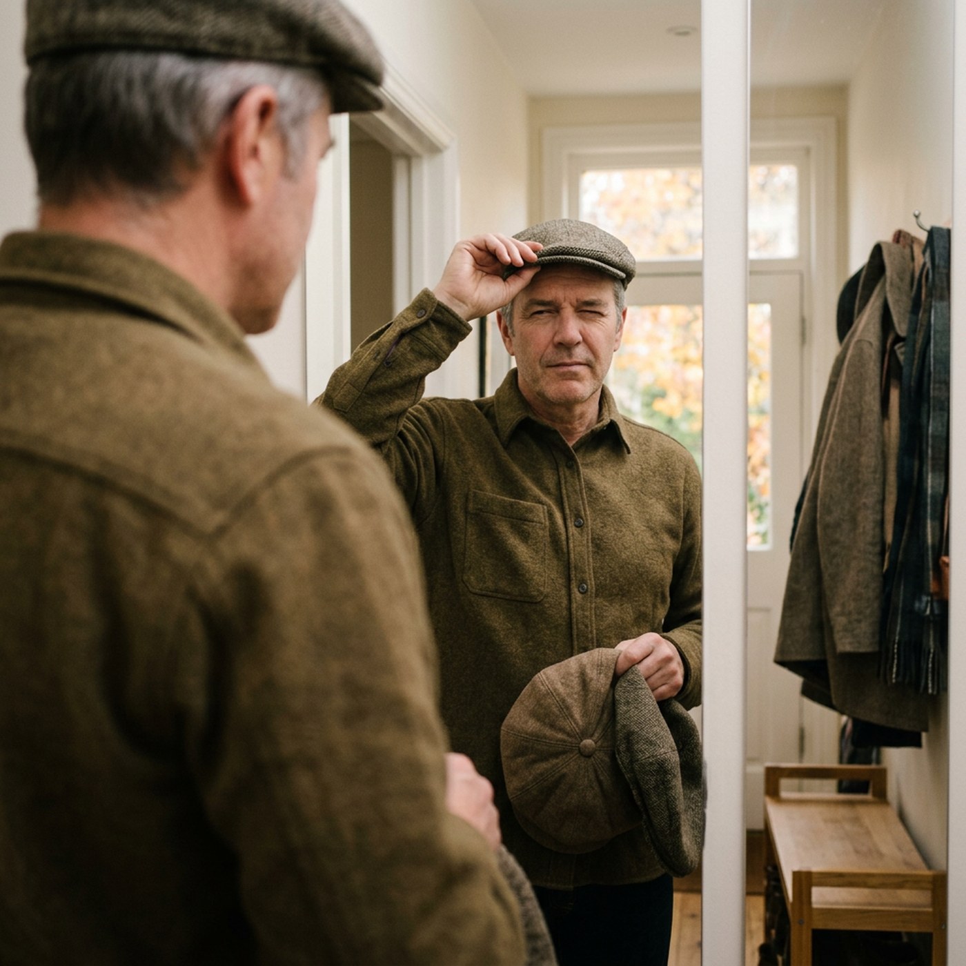 Foto — Mann probiert vor dem Spiegel, zwei weitere Formen in der Hand · 1400 × 1400