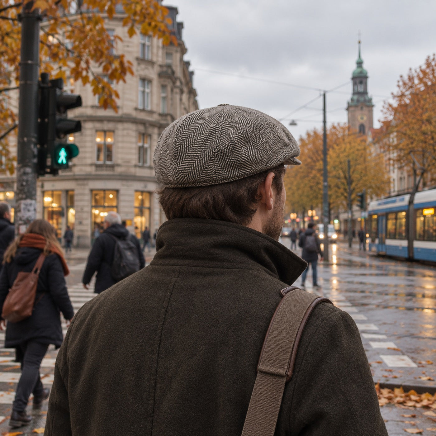 Foto — Mann von hinten an einer Straßenkreuzung, Mütze auf, Herbst · 1400 × 1400
