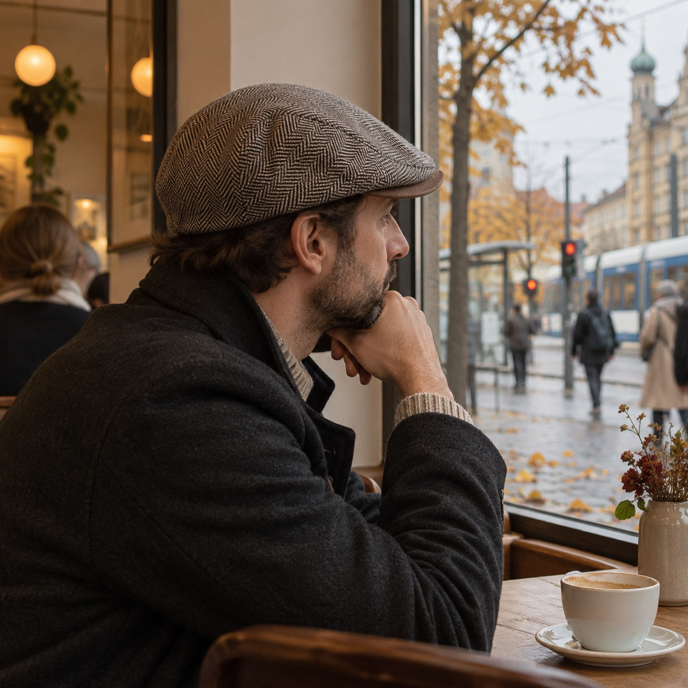 Foto — Mann mit Mütze in einem Café, drinnen, von der Seite · 1400 × 1400