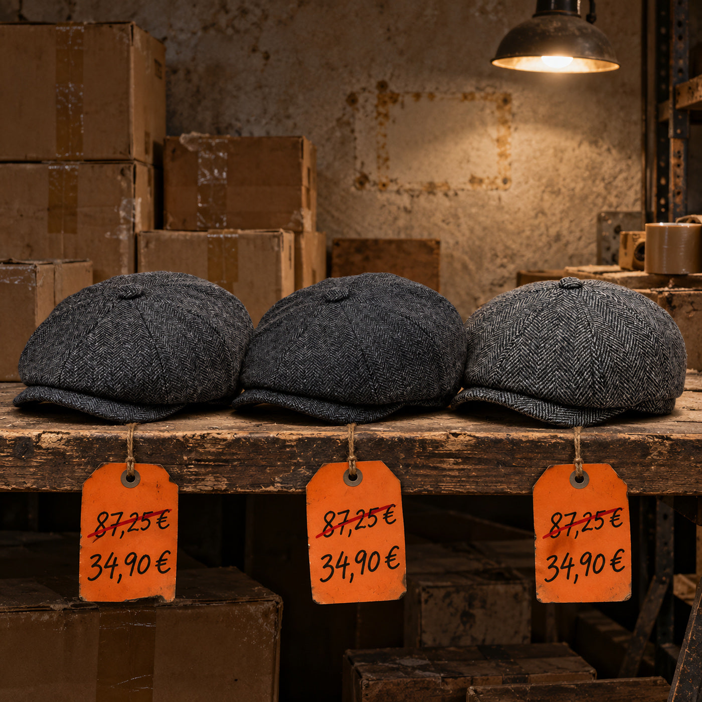 Foto — mehrere Mützen mit orangefarbenem Anhänger: nur «BIS ZU 60 %», keine Preise · 1400 × 1400