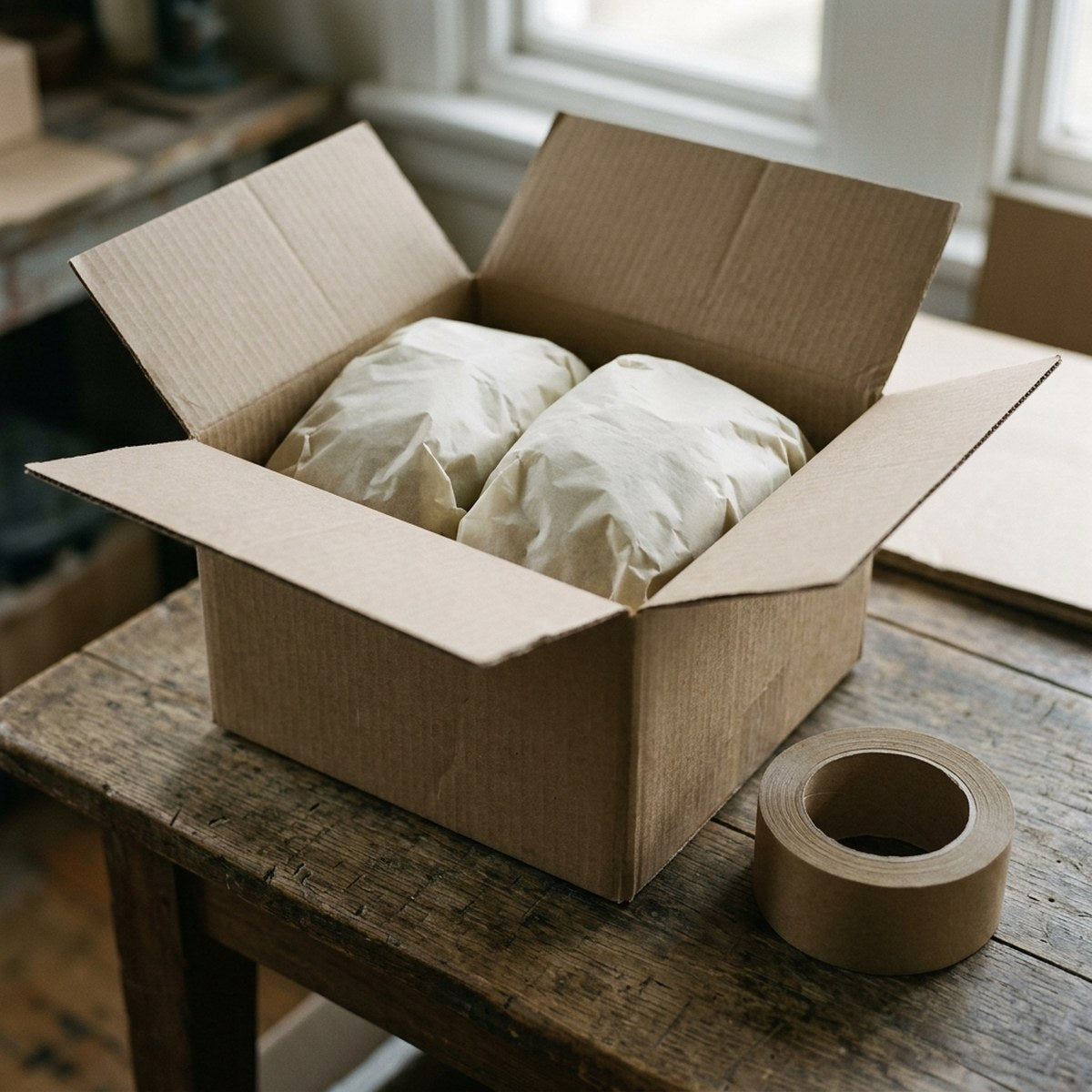 Foto — zwei Mützen eingepackt, versandfertig · 1200 × 1200